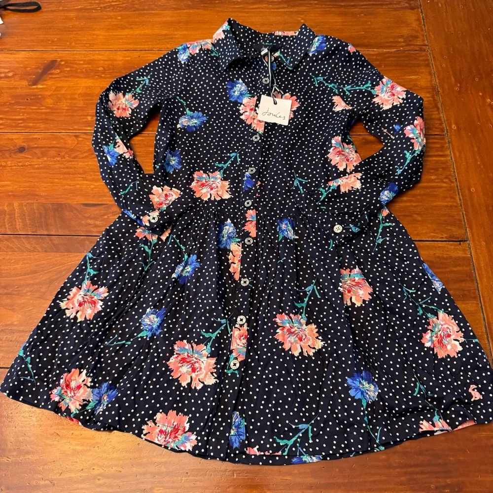 Joules Girls Amelia Shirt Dress Polka Dot Floral Navy Size 7/8 Years
